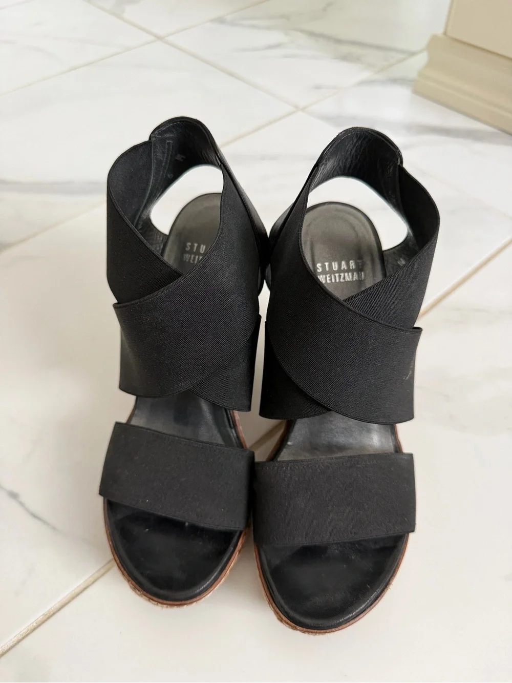 Stuart Weitzman Black Elastic Espadrille Wedge Sandals